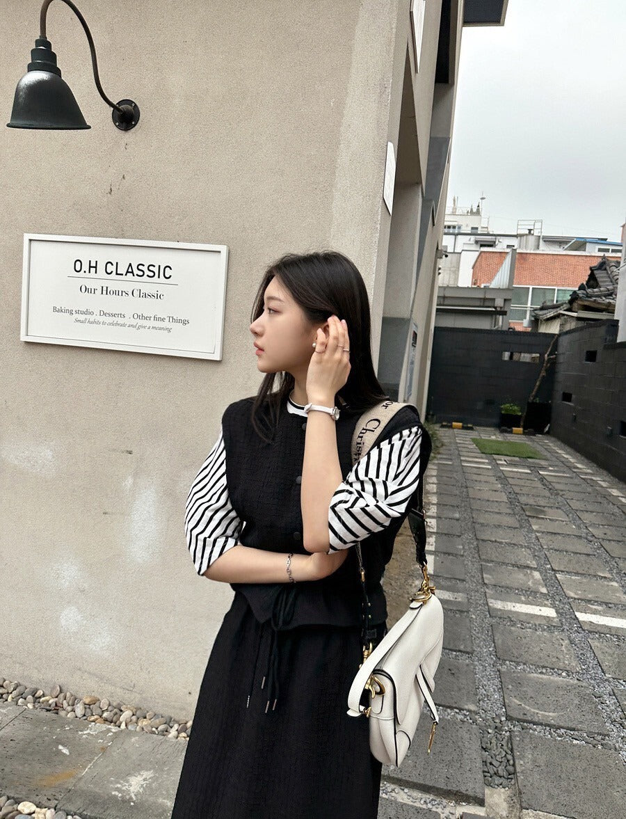 25Sep. 休閒華夫格抽繩可調式馬甲半身裙套裝 粉/黑