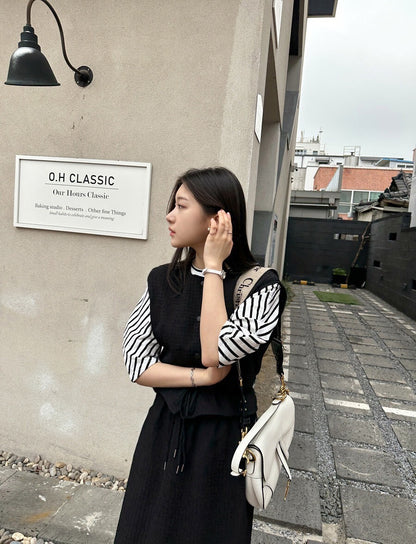 25Sep. 休閒華夫格抽繩可調式馬甲半身裙套裝 粉/黑