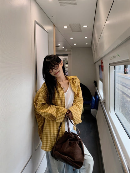 25Oct. Too bad~韓系復古黃格紋襯衫三角抹胸套裝