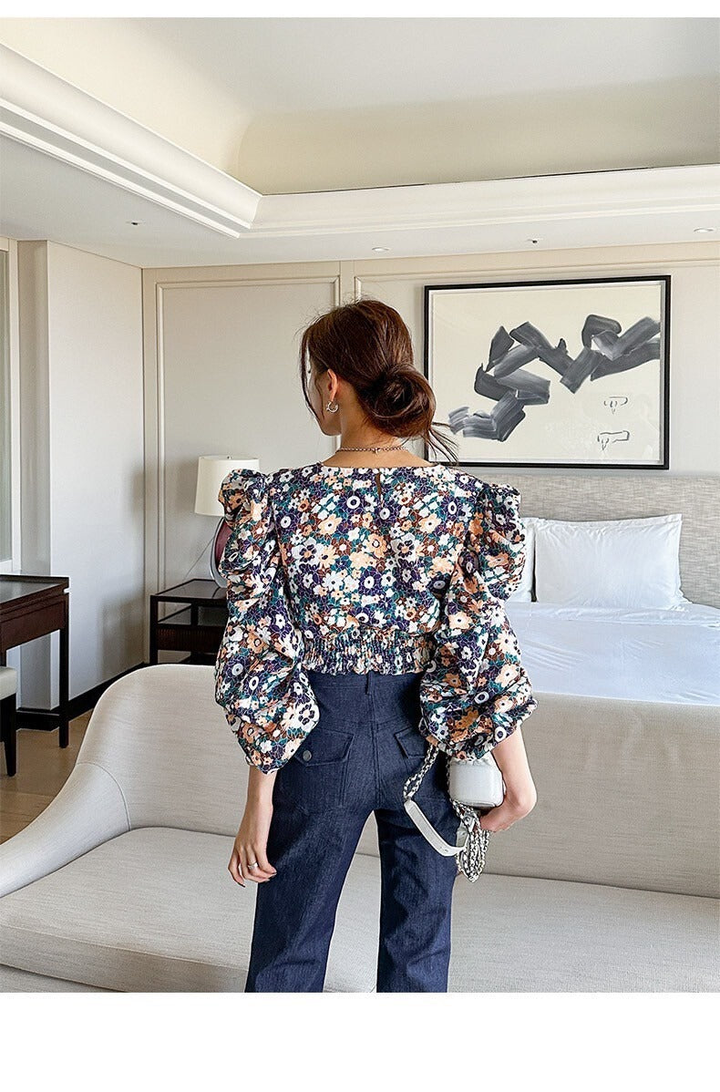 25Sep. 夢迴碎花 堆堆袖收腰長袖上衣 粉/菊藍