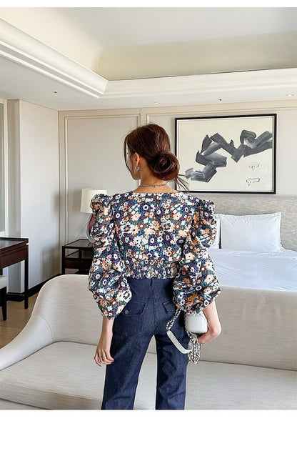 25Sep. 夢迴碎花 堆堆袖收腰長袖上衣 粉/菊藍