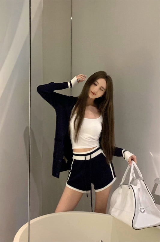 25Oct. 質感撞色休閒針織外套/短褲 藏藍