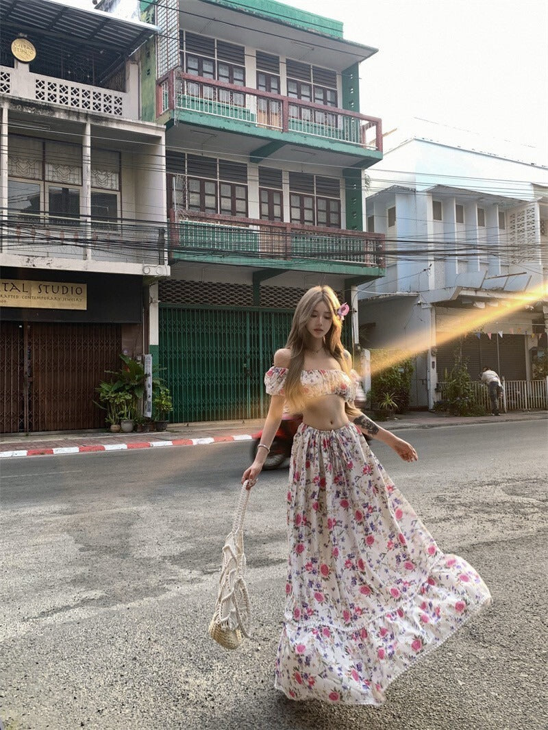 25Oct. 歐美花園性感碎花一字領半身裙套裝