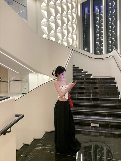 25Oct. 氣質波點多穿可拆抹胸上衣/寬鬆休閒黑色闊腿褲