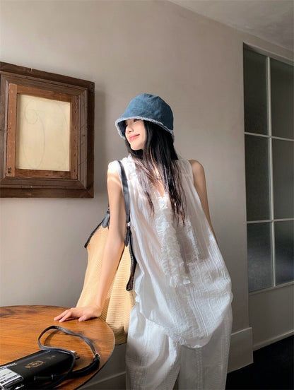 25Oct. 白色花神 手工立體小白花長款背心/休閒褲