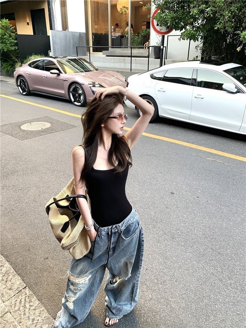 25Oct. 歐美辣妹低U連體上衣/炸街刷破仿舊闊腿牛仔褲