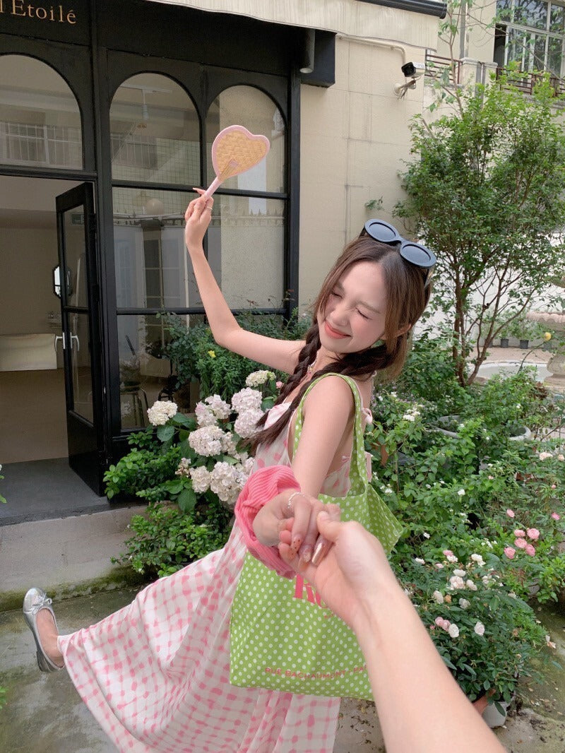 25Oct. 韓系嫩粉 初戀格紋背心連身裙