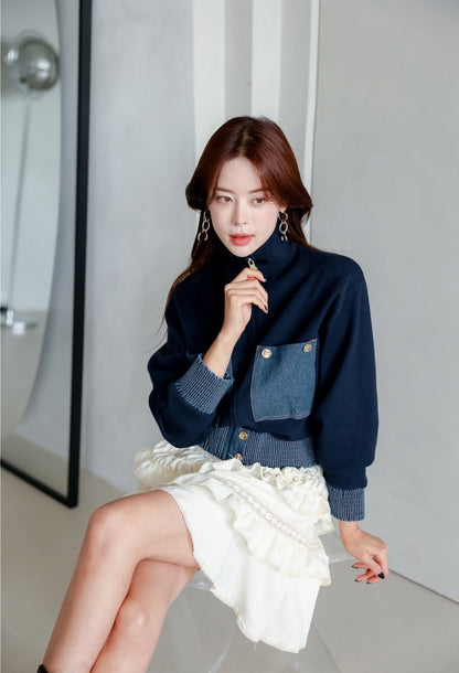 25Sep. 休閒打欖牛仔拼色雙口袋棒球外套