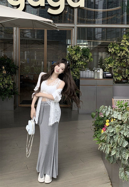 25Oct. 通勤首領 微透蕾絲拼接襯衫/條紋抽繩半身裙