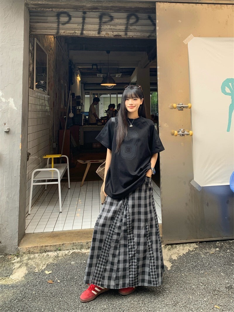 25Oct. 古著女孩黑色8號短袖上衣/格紋拼接半身裙