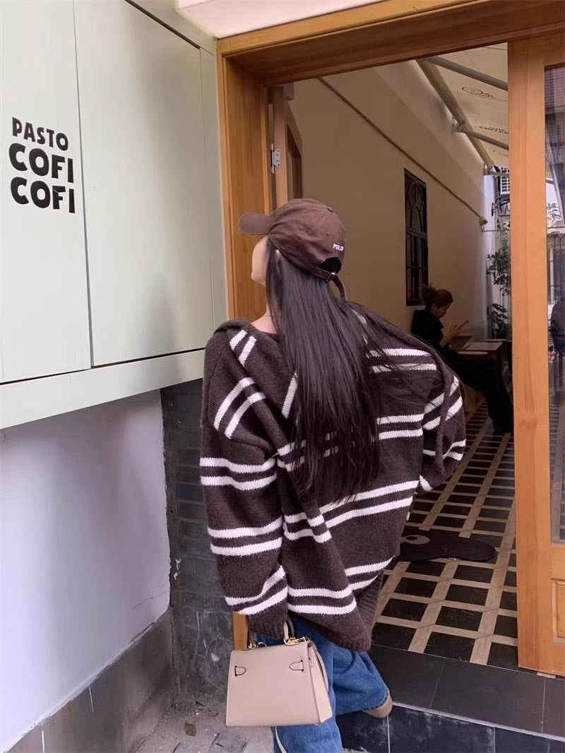 25Oct. 慵懶空氣羊毛條紋針織連帽外套 咖