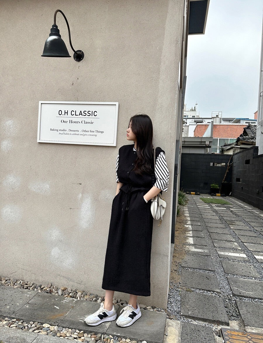 25Sep. 休閒華夫格抽繩可調式馬甲半身裙套裝 粉/黑