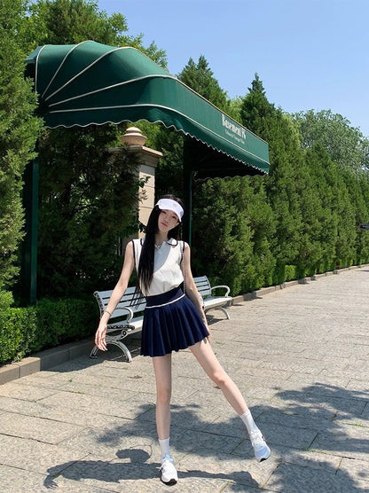 25Oct. 溫婉甜妹 m系藏青撞色針織百摺裙套裝