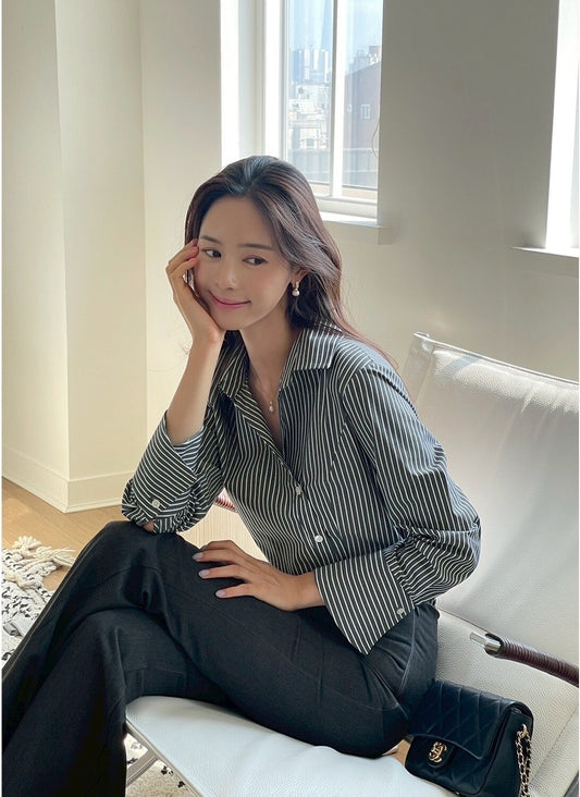 25Sep. 韓Chic簡約不規則側扣條紋襯衫 黑