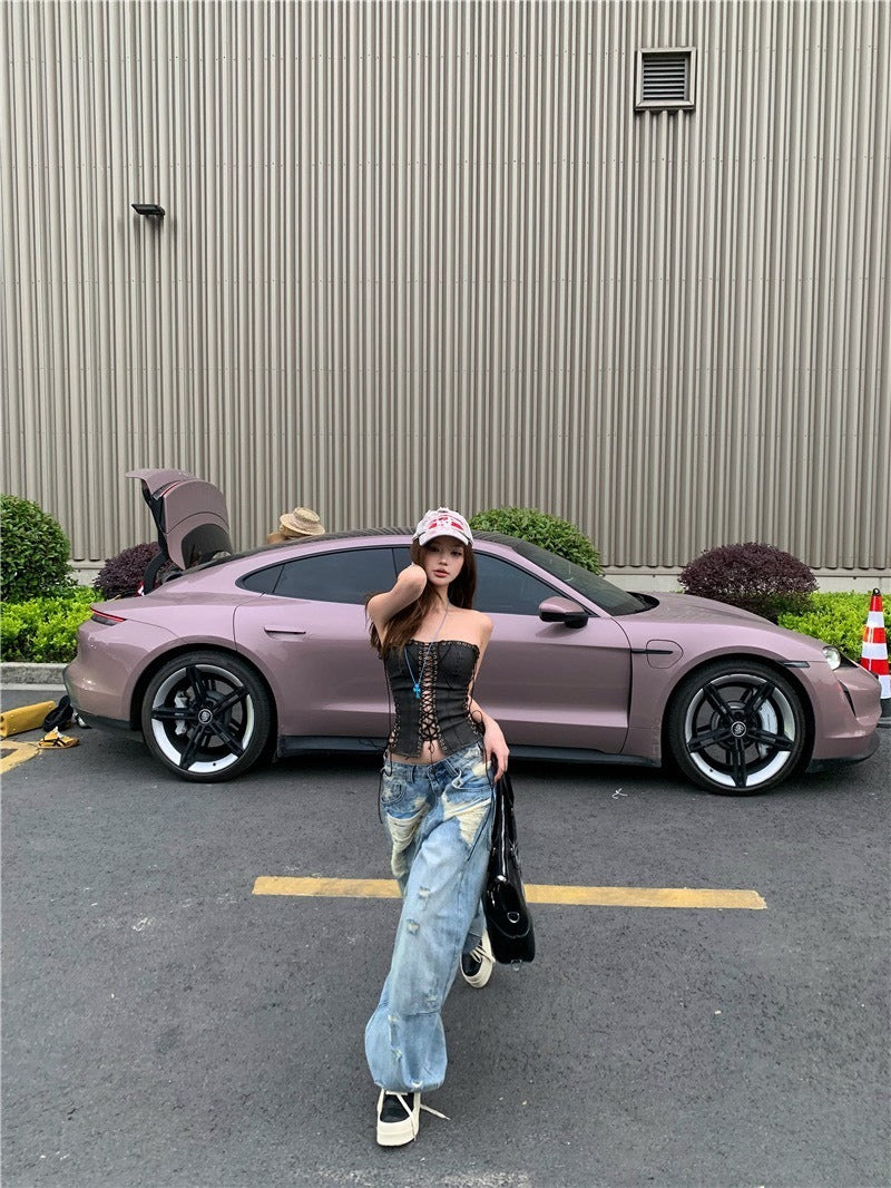 25Oct. 超級辣妹 美式縷空可調皮抹胸/刷破仿舊闊腿牛仔褲