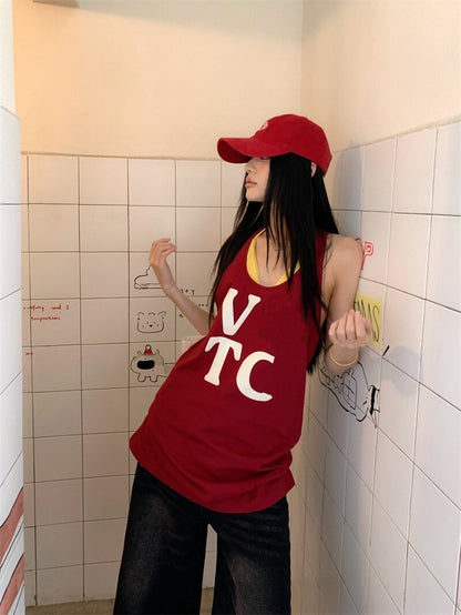 25Oct. 復古寬鬆美式字母印花中長背心