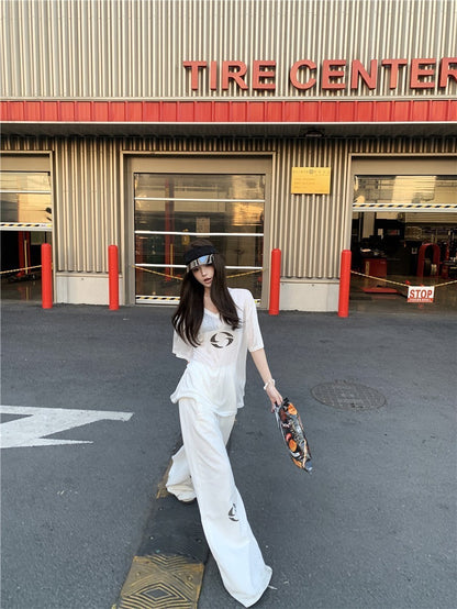 25Oct. 辣妹效應 休閒透視感上衣/純棉闊腿褲 白