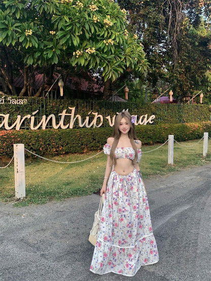 25Oct. 歐美花園性感碎花一字領半身裙套裝