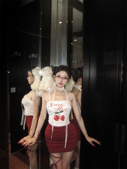 25Oct. Cherry girl美式印花蕾絲背心/紅色炸街休閒褲