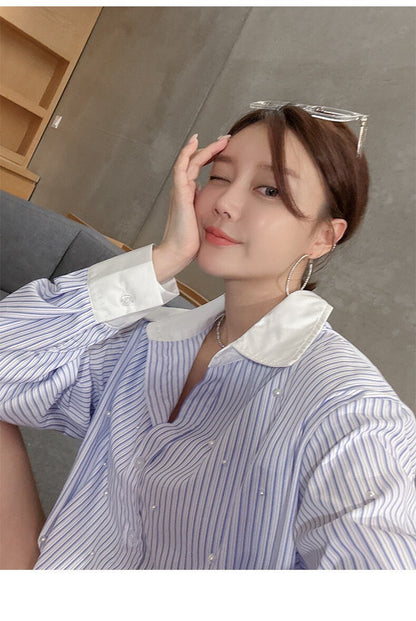 25Sep. 時髦手工釘珠條紋撞色襯衫