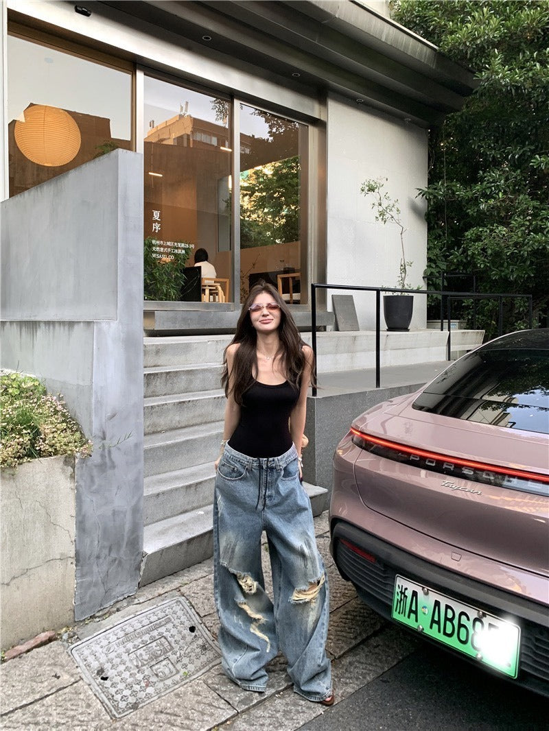 25Oct. 歐美辣妹低U連體上衣/炸街刷破仿舊闊腿牛仔褲
