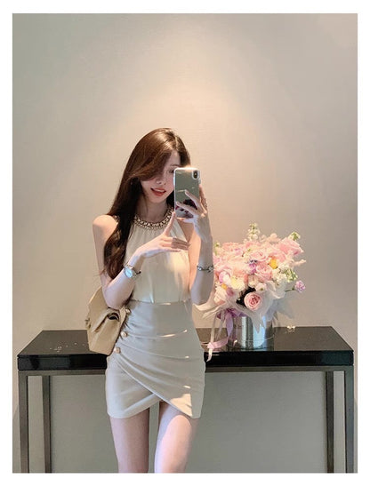 25Oct. 氣質金秘書法則鑽黏雪紡上衣高腰交錯半身裙套裝