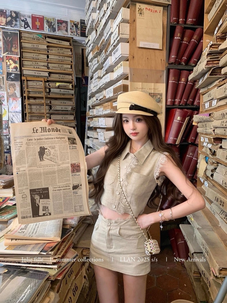 25Oct. 甜心香香VTG 復古蕾絲拼接亞麻套裝 亞麻原色