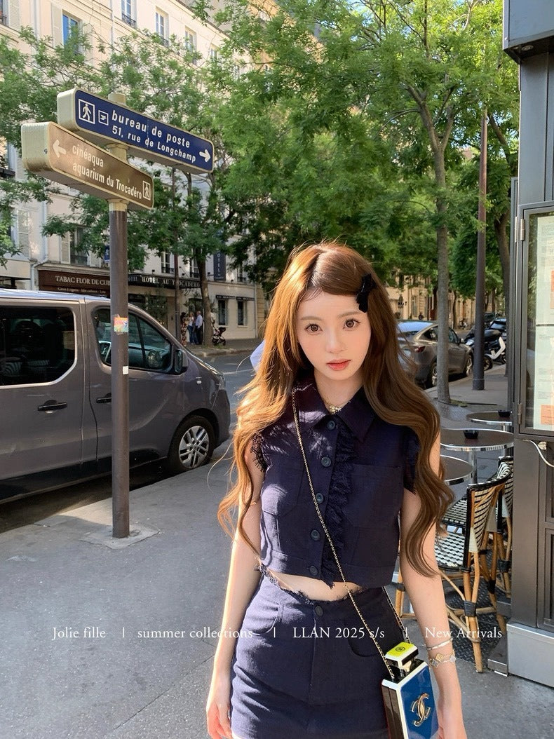 25Oct. 甜心香香VTG 復古蕾絲拼接亞麻套裝 藏藍